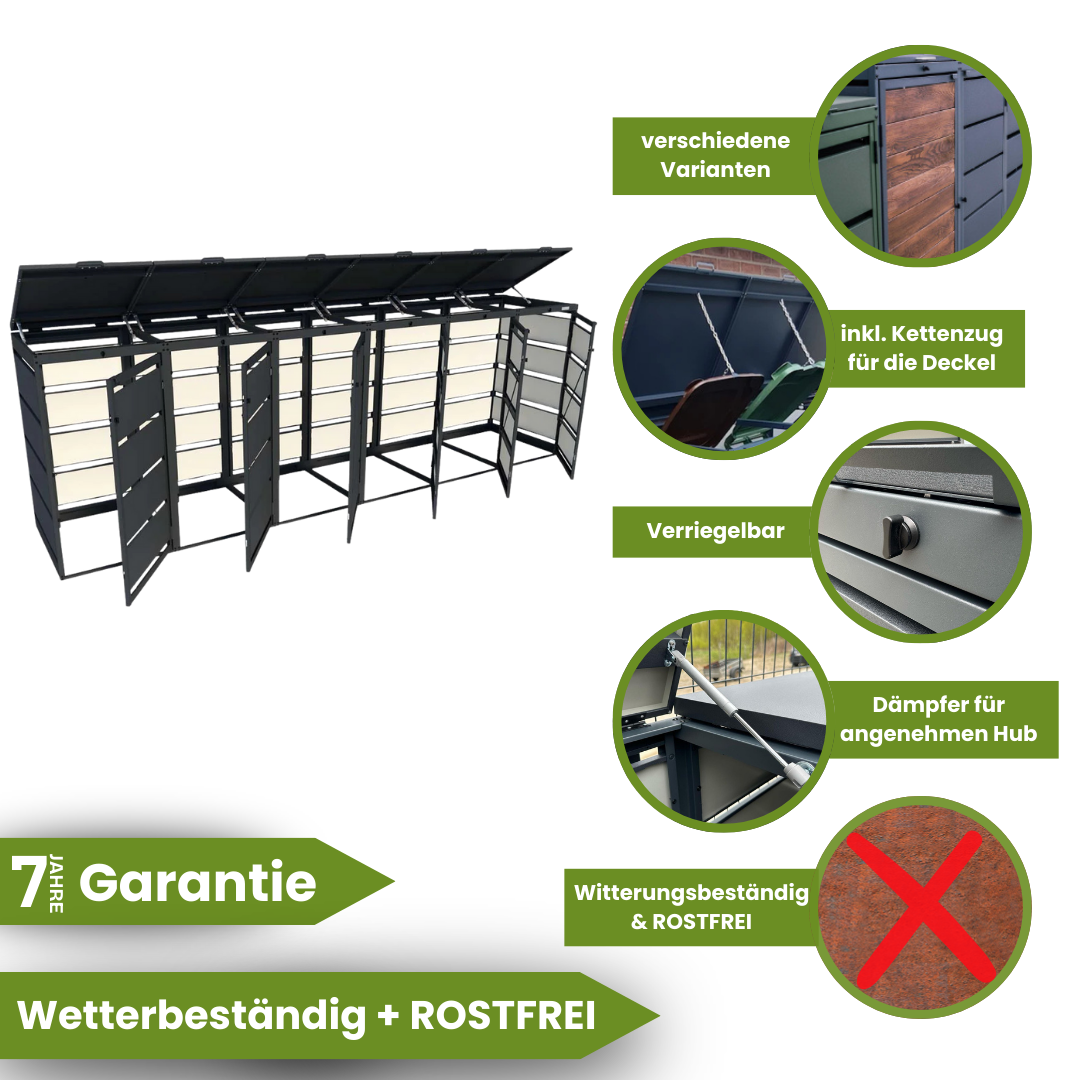 Mülltonnenbox 6er 120L in verschiedenen Farben | Mülltonnenbox aus Metall