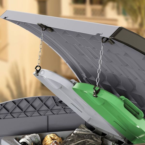 Flach gedeckelter Gartenschuppen aus Kunststoff | 1200L | großer, wetterfester Geräteschuppen abschließbar für Mülltonnen, Gartengeräte & Zubehör | Grau