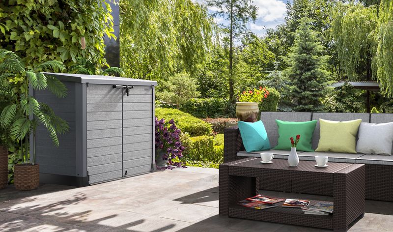 Flach gedeckelter Gartenschuppen aus Kunststoff | 1200L | großer, wetterfester Geräteschuppen abschließbar für Mülltonnen, Gartengeräte & Zubehör | Grau