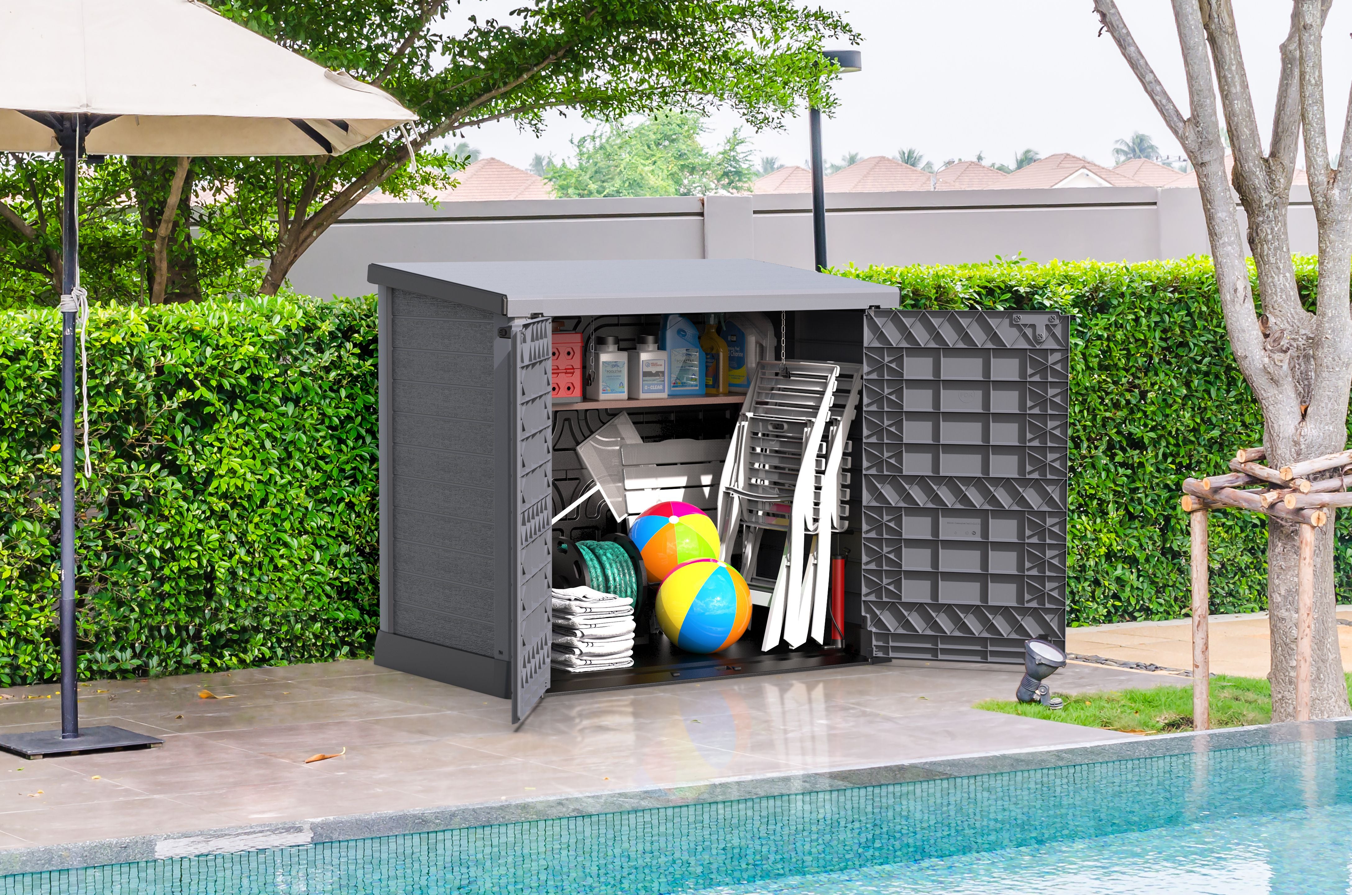 Flach gedeckelter Gartenschuppen aus Kunststoff | 1200L | großer, wetterfester Geräteschuppen abschließbar für Mülltonnen, Gartengeräte & Zubehör | Grau
