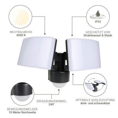 2-Fach LED Außenstrahler 40W 4000K anthrazit mit Bewegungsmelder