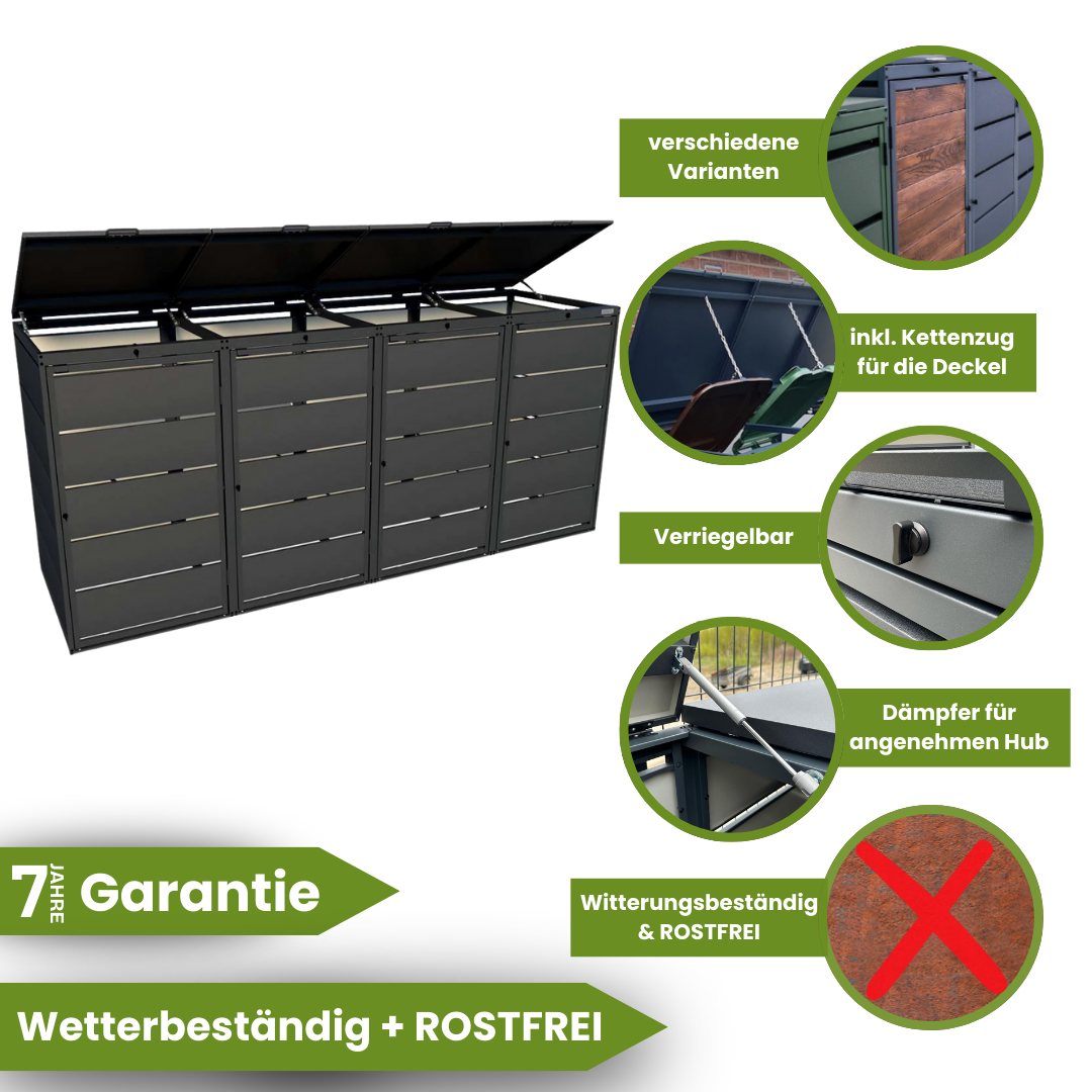 Mülltonnenbox 4er 240L in verschiedenen Farben | Mülltonnenbox aus Metall