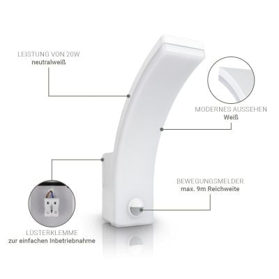 LED Wandleuchte Curve 20W neutralweiß mit Bewegungsmelder - Gehäusefarbe: weiß