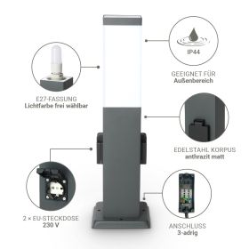 Pollerleuchte mit 2x Steckdosen E27 Fassung IP44 - Hohe: 45cm / 80cm - Farbe: anthrazit / edelstahl