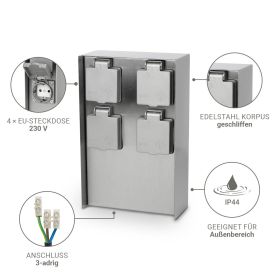 Gartensteckdosensäule für außen IP44 eckig 23cm - Steckdose: 4-fach - Farbe: Edelstahl