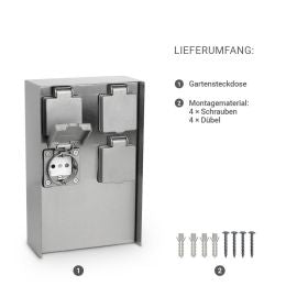 Gartensteckdosensäule für außen IP44 eckig 23cm - Steckdose: 4-fach - Farbe: Edelstahl