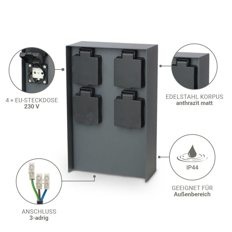 Gartensteckdosensäule für außen IP44 eckig 23cm - Steckdose: 4-fach - Farbe: Edelstahl