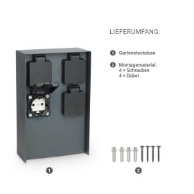 Gartensteckdosensäule für außen IP44 eckig 23cm - Steckdose: 4-fach - Farbe: Edelstahl