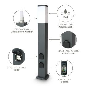Pollerleuchte mit 2x Steckdosen E27 Fassung IP44 - Hohe: 45cm / 80cm - Farbe: anthrazit / edelstahl