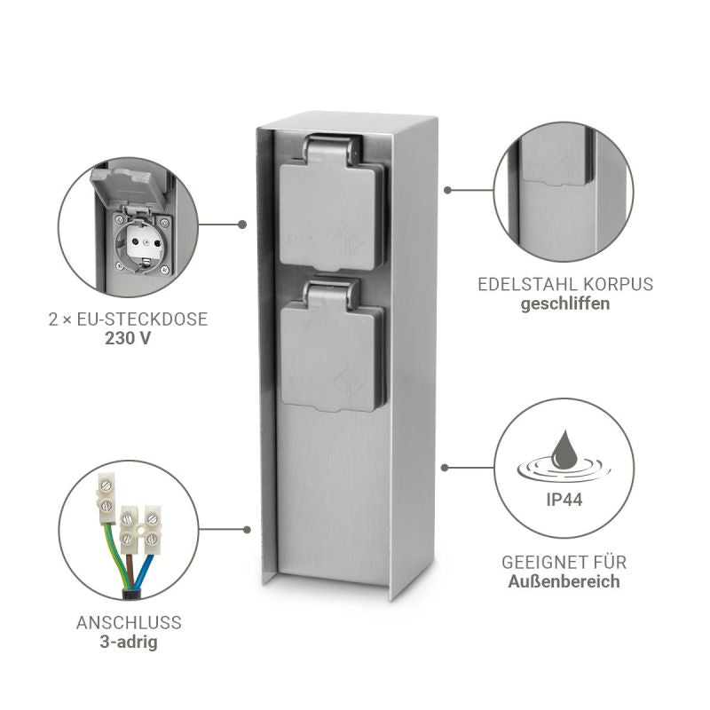 Gartensteckdosensäule für außen IP44 eckig 23cm - Steckdose: 2-fach - Farbe: Edelstahl / Anthrazit