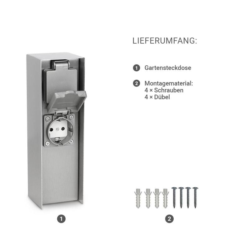 Gartensteckdosensäule für außen IP44 eckig 23cm - Steckdose: 2-fach - Farbe: Edelstahl / Anthrazit
