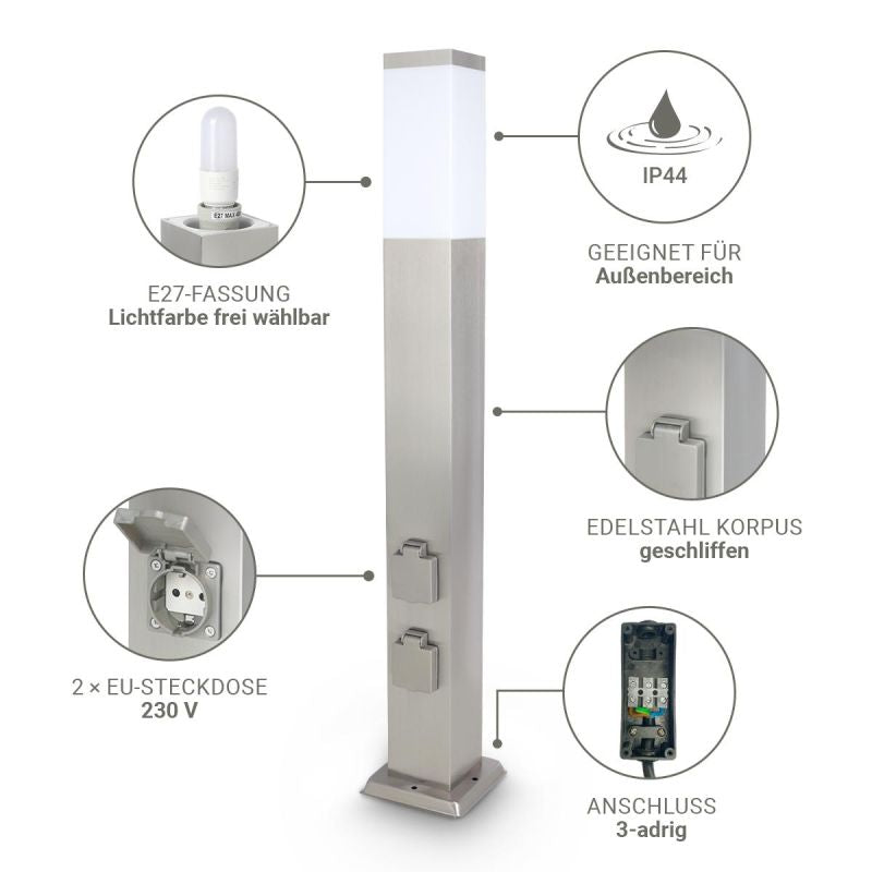 Pollerleuchte mit 2x Steckdosen E27 Fassung IP44 - Hohe: 45cm / 80cm - Farbe: anthrazit / edelstahl