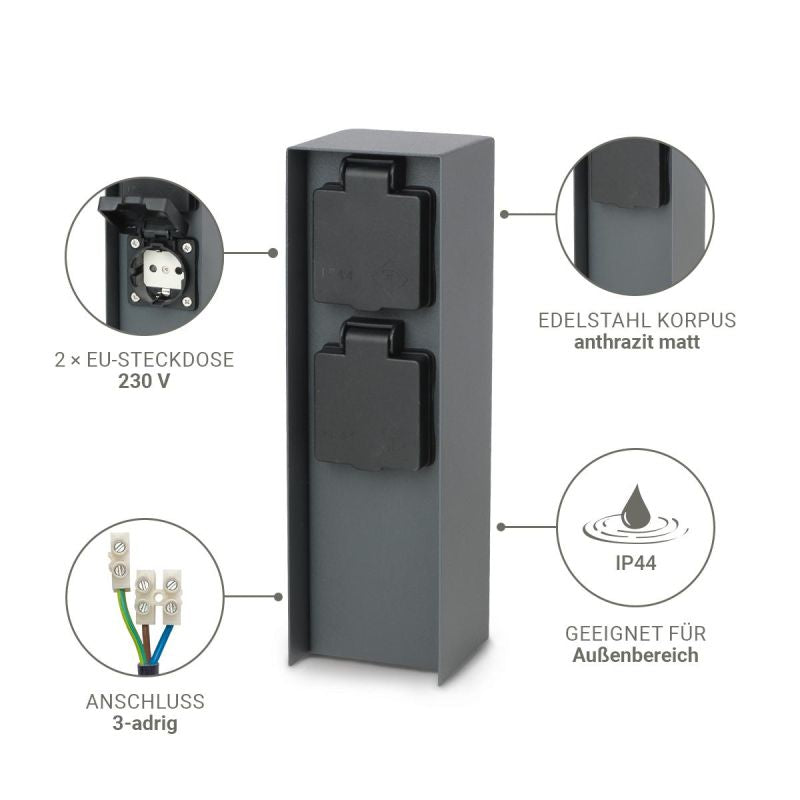 Gartensteckdosensäule für außen IP44 eckig 23cm - Steckdose: 2-fach - Farbe: Edelstahl / Anthrazit
