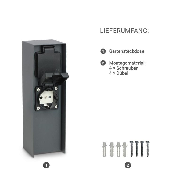 Gartensteckdosensäule für außen IP44 eckig 23cm - Steckdose: 2-fach - Farbe: Edelstahl / Anthrazit