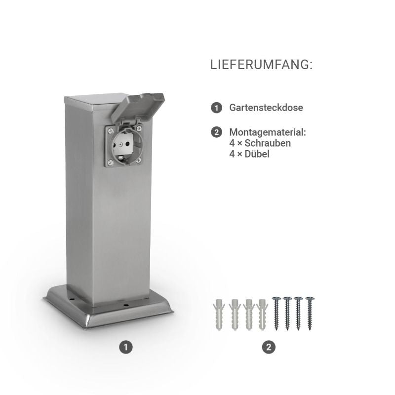Gartensteckdose 30cm mit 2x Außensteckdosen IP44 - Farbe: Edelstahl / Anthrazit
