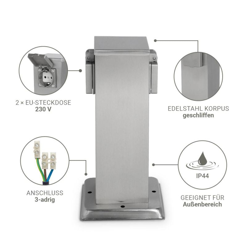 Gartensteckdose 30cm mit 2x Außensteckdosen IP44 - Farbe: Edelstahl / Anthrazit