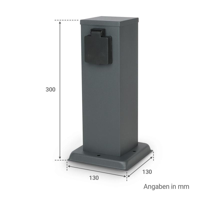 Gartensteckdose 30cm mit 2x Außensteckdosen IP44 - Farbe: Edelstahl / Anthrazit