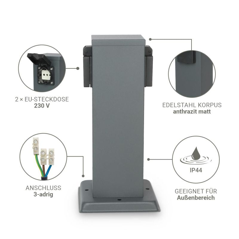Gartensteckdose 30cm mit 2x Außensteckdosen IP44 - Farbe: Edelstahl / Anthrazit