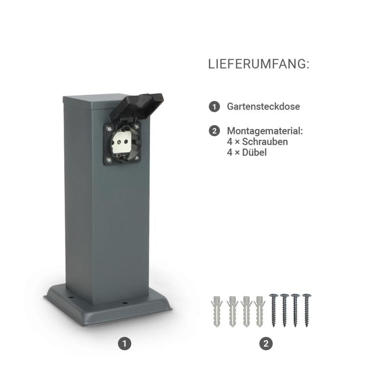 Gartensteckdose 30cm mit 2x Außensteckdosen IP44 - Farbe: Edelstahl / Anthrazit