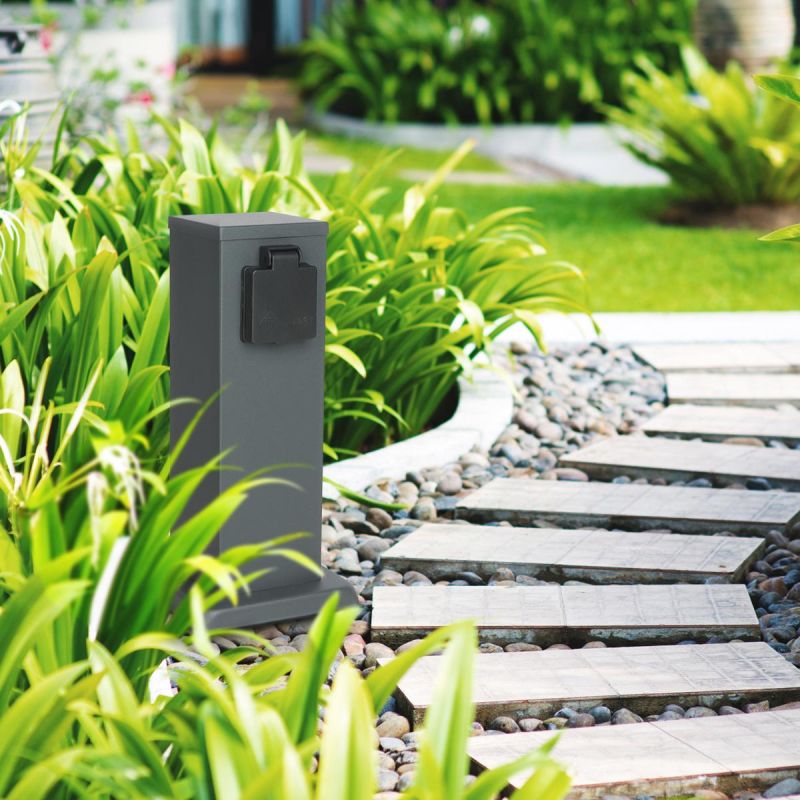 Gartensteckdose 30cm mit 2x Außensteckdosen IP44 - Farbe: Edelstahl / Anthrazit