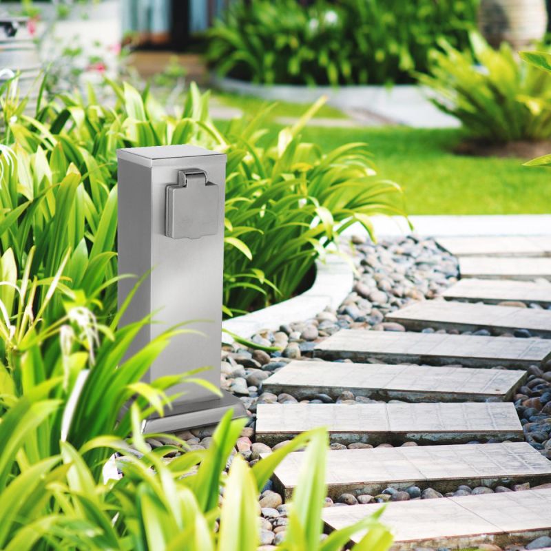 Gartensteckdose 30cm mit 2x Außensteckdosen IP44 - Farbe: Edelstahl / Anthrazit