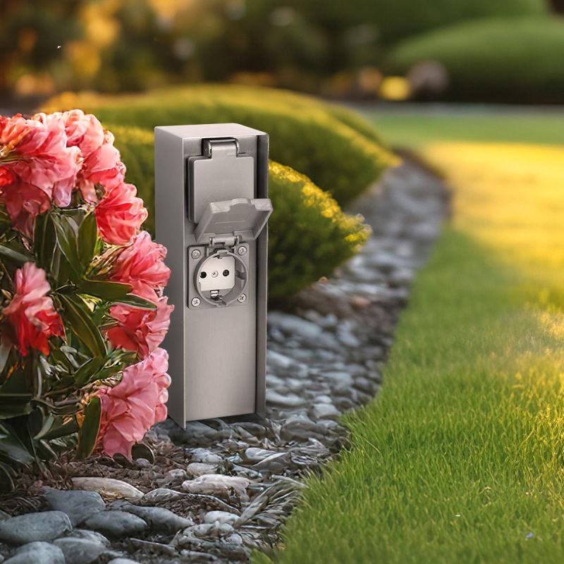 Gartensteckdosensäule für außen IP44 eckig 23cm - Steckdose: 2-fach - Farbe: Edelstahl / Anthrazit