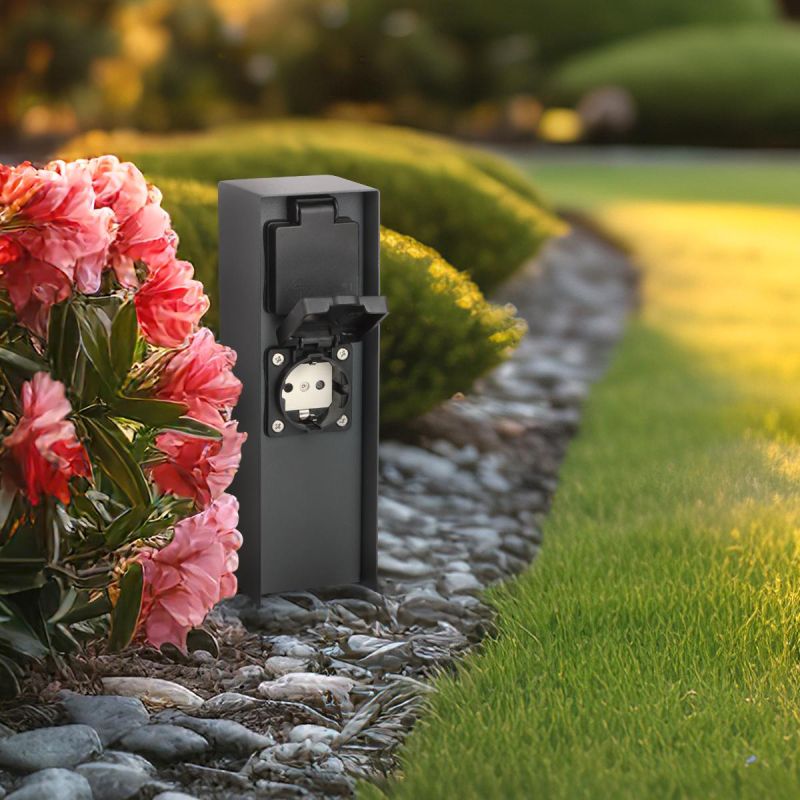 Gartensteckdosensäule für außen IP44 eckig 23cm - Steckdose: 2-fach - Farbe: Edelstahl / Anthrazit