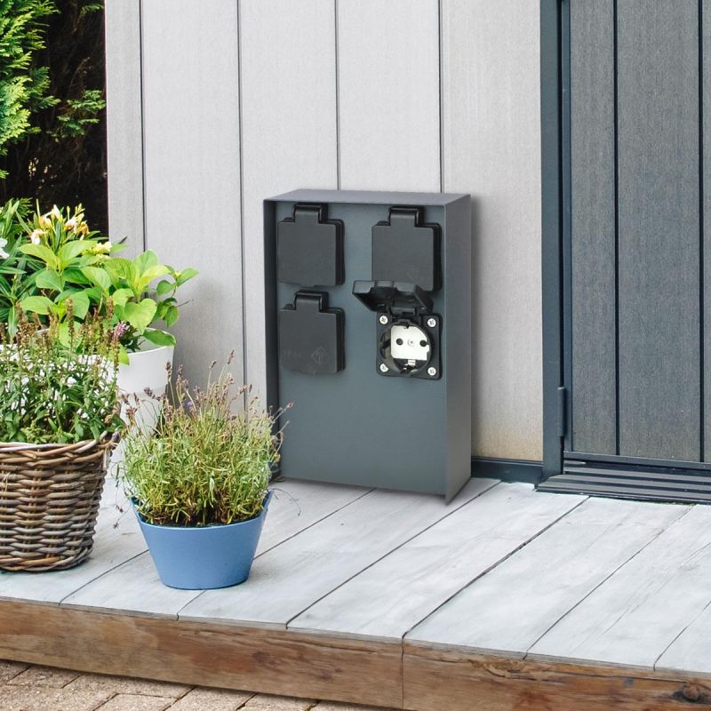 Gartensteckdosensäule für außen IP44 eckig 23cm - Steckdose: 4-fach - Farbe: Edelstahl