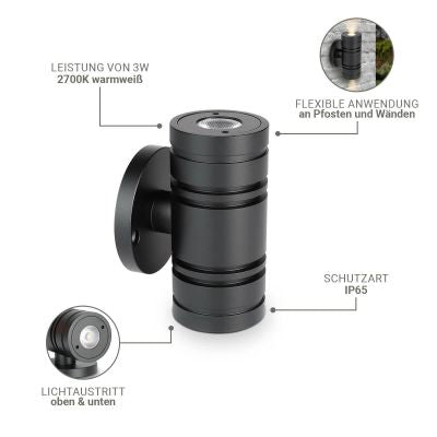 Aussenstahler Venezia UP & DOWN Mini 6W IP65 2700K - Form: rund - Farbe: schwarz matt