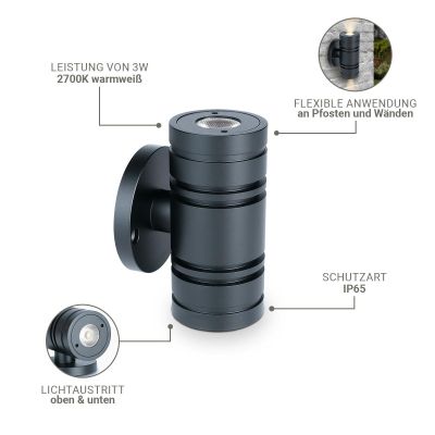 Aussenstahler Venezia UP & DOWN Mini 6W IP65 2700K - Form: rund - Farbe: anthrazit RAL 7016