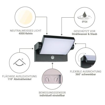 Außenwandleuchte Angle 26,5W schwenkbar mit Bewegungsmelder - Lichtfarbe: 4000K - Farbe: anthrazit RAL 7016