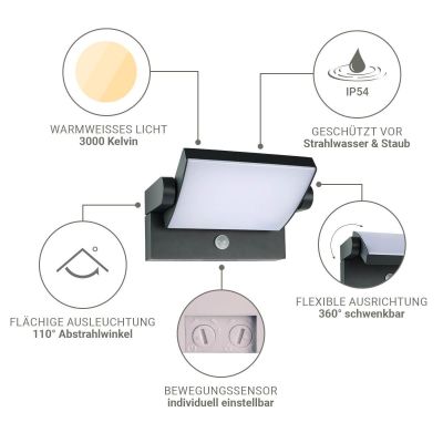 Außenwandleuchte Angle 26,5W schwenkbar mit Bewegungsmelder - Lichtfarbe: 3000K - Farbe: anthrazit RAL 7016