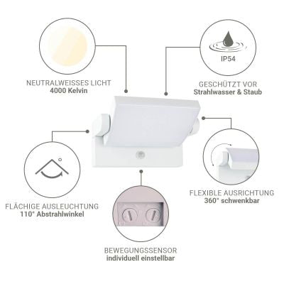 Außenwandleuchte Angle 26,5W schwenkbar mit Bewegungsmelder - Lichtfarbe: 4000K - Farbe: weiß