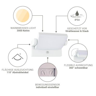 Außenwandleuchte Angle 26,5W schwenkbar mit Bewegungsmelder - Lichtfarbe: 3000K - Farbe: weiß