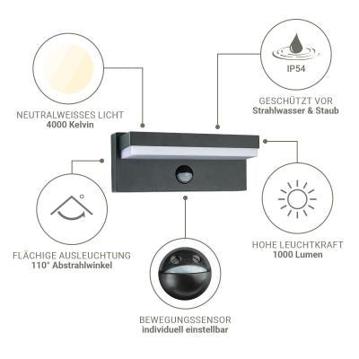 Außenwandleuchte Angle 12W anthrazit RAL 7016 - Lichtfarbe: 4000K - Bewegungsmelder: mit