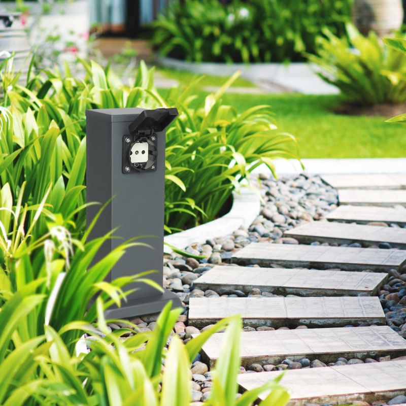 Gartensteckdose 30cm mit 2x Außensteckdosen IP44 - Farbe: Edelstahl / Anthrazit