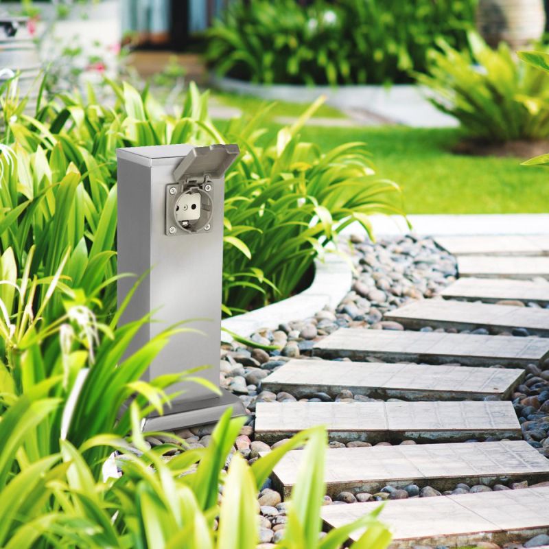 Gartensteckdose 30cm mit 2x Außensteckdosen IP44 - Farbe: Edelstahl / Anthrazit