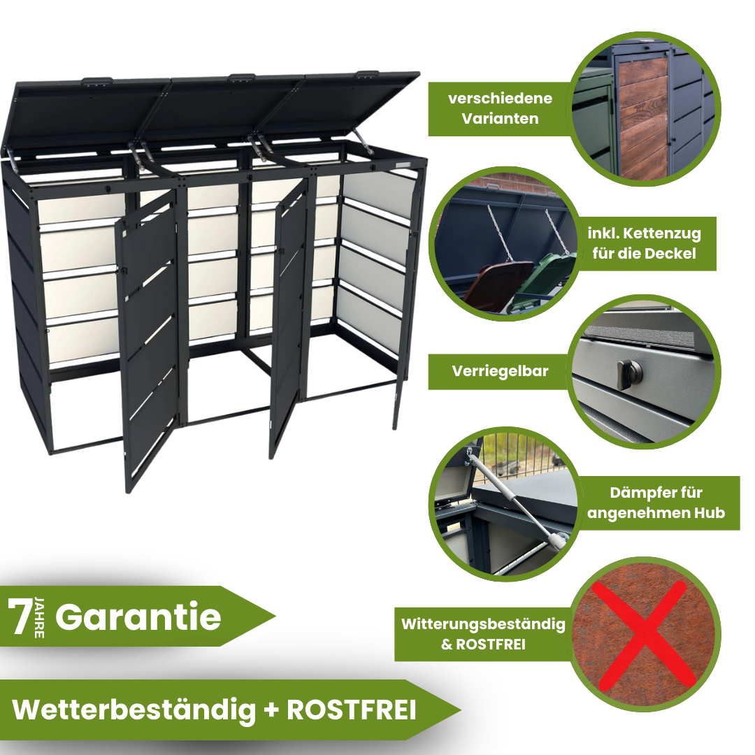 Mülltonnenbox 3er 120L in verschiedenen Farben | Mülltonnenbox aus Metall