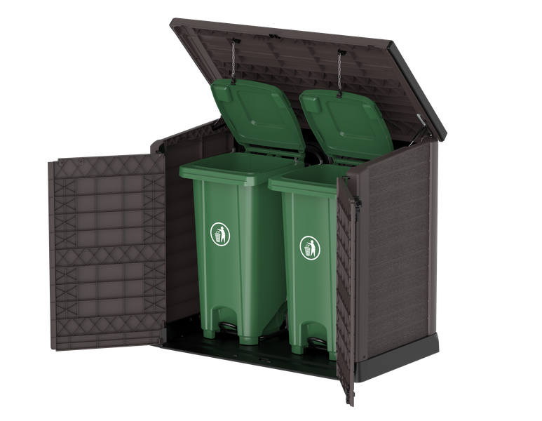 Flach gedeckelter Gartenschuppen aus Kunststoff | 1200L | großer, wetterfester Geräteschuppen abschließbar für Mülltonnen, Gartengeräte & Zubehör | Braun