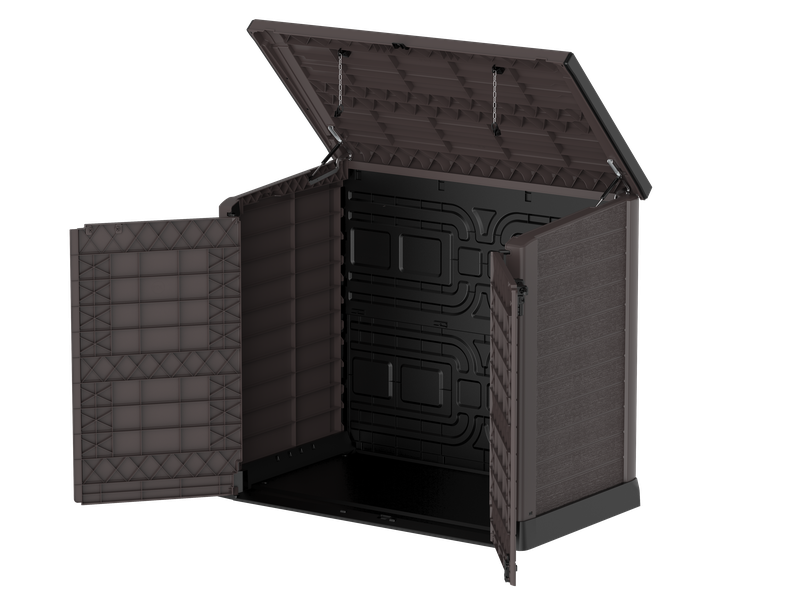 Flach gedeckelter Gartenschuppen aus Kunststoff | 1200L | großer, wetterfester Geräteschuppen abschließbar für Mülltonnen, Gartengeräte & Zubehör | Braun