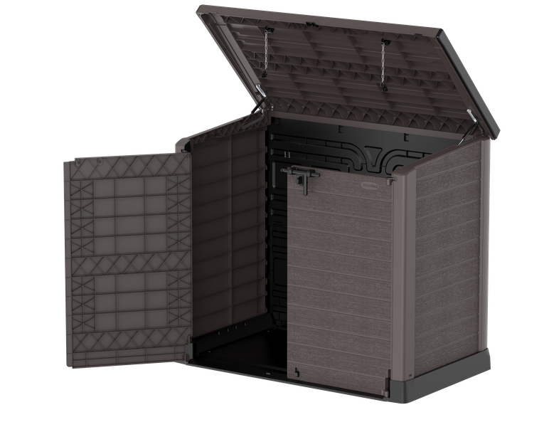 Flach gedeckelter Gartenschuppen aus Kunststoff | 1200L | großer, wetterfester Geräteschuppen abschließbar für Mülltonnen, Gartengeräte & Zubehör | Braun