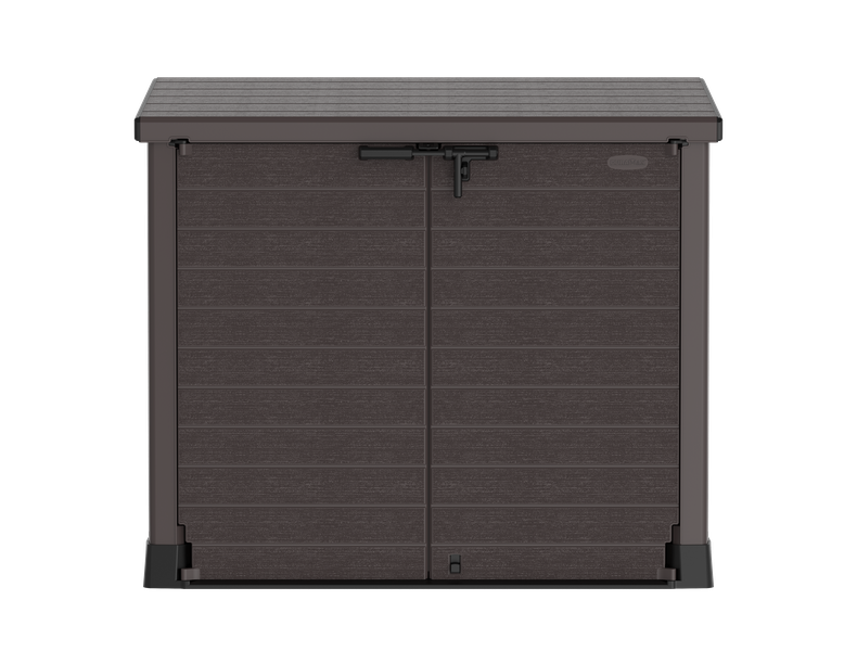 Flach gedeckelter Gartenschuppen aus Kunststoff | 1200L | großer, wetterfester Geräteschuppen abschließbar für Mülltonnen, Gartengeräte & Zubehör | Braun