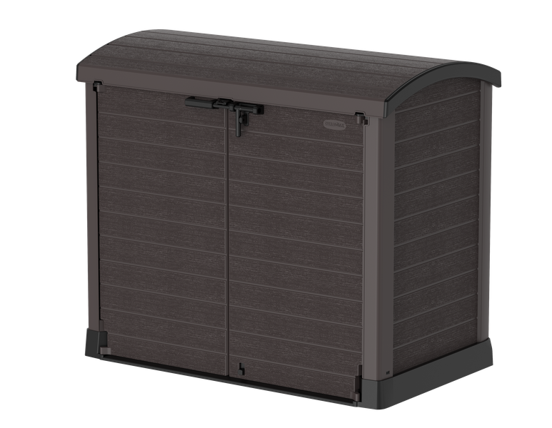 Gartenschuppen mit gewölbtem Deckel | 1200L | Abschließbarer, wetterfester Gartenschuppen aus Kunststoff | ideal zur sicheren Aufbewahrung von Mülltonnen, Gartenwerkzeug und Gartenzubehör | Braun