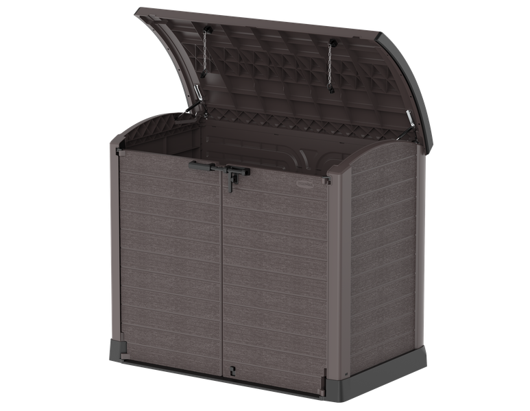 Gartenschuppen mit gewölbtem Deckel | 1200L | Abschließbarer, wetterfester Gartenschuppen aus Kunststoff | ideal zur sicheren Aufbewahrung von Mülltonnen, Gartenwerkzeug und Gartenzubehör | Braun