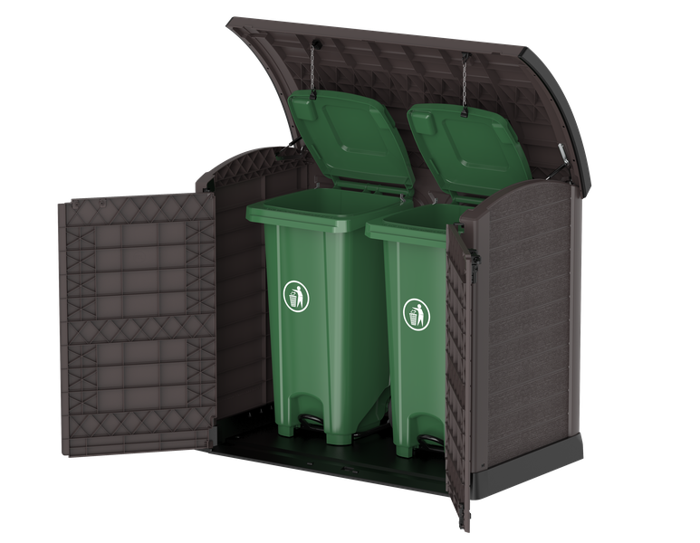 Gartenschuppen mit gewölbtem Deckel | 1200L | Abschließbarer, wetterfester Gartenschuppen aus Kunststoff | ideal zur sicheren Aufbewahrung von Mülltonnen, Gartenwerkzeug und Gartenzubehör | Braun