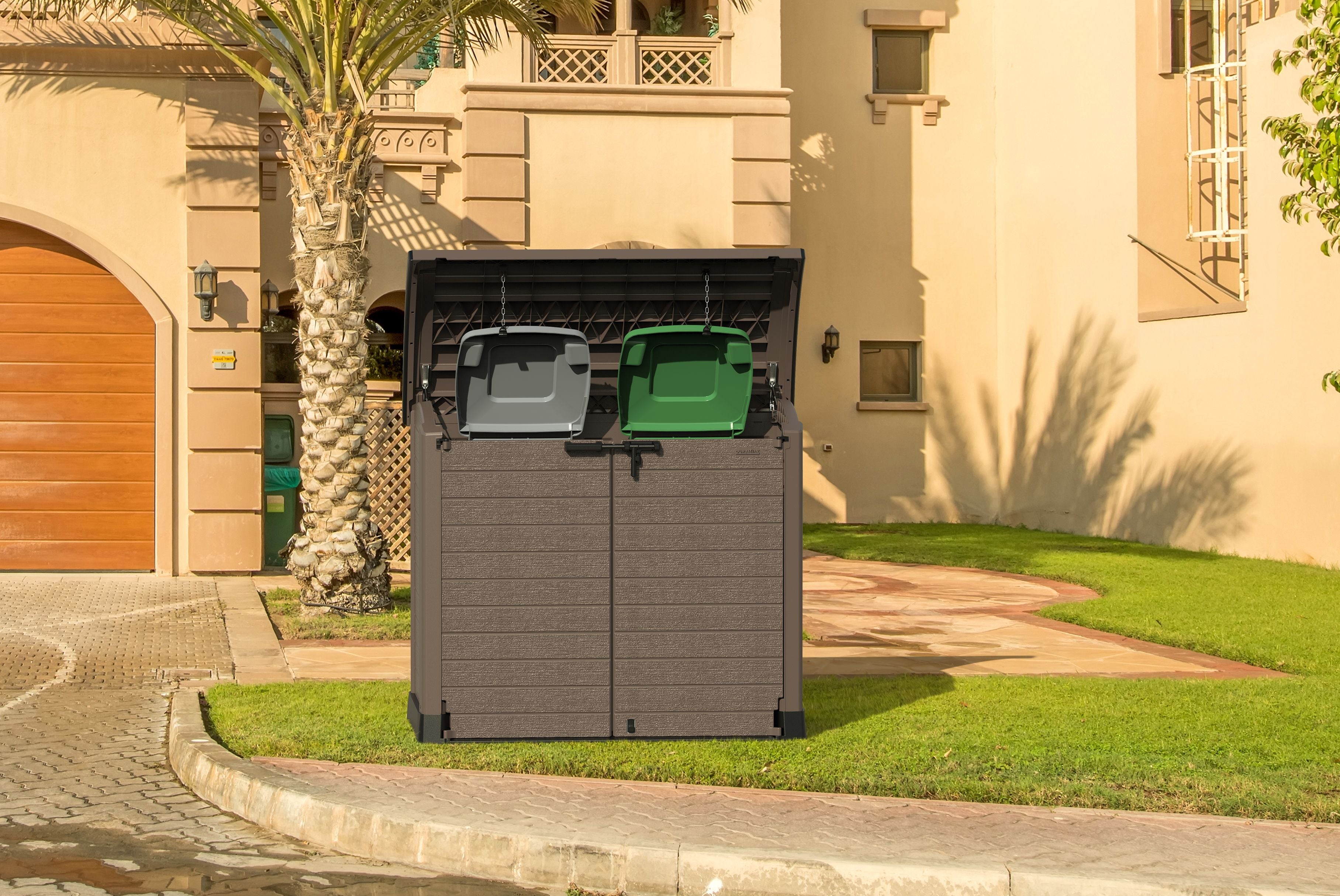 Gartenschuppen mit gewölbtem Deckel | 1200L | Abschließbarer, wetterfester Gartenschuppen aus Kunststoff | ideal zur sicheren Aufbewahrung von Mülltonnen, Gartenwerkzeug und Gartenzubehör | Braun