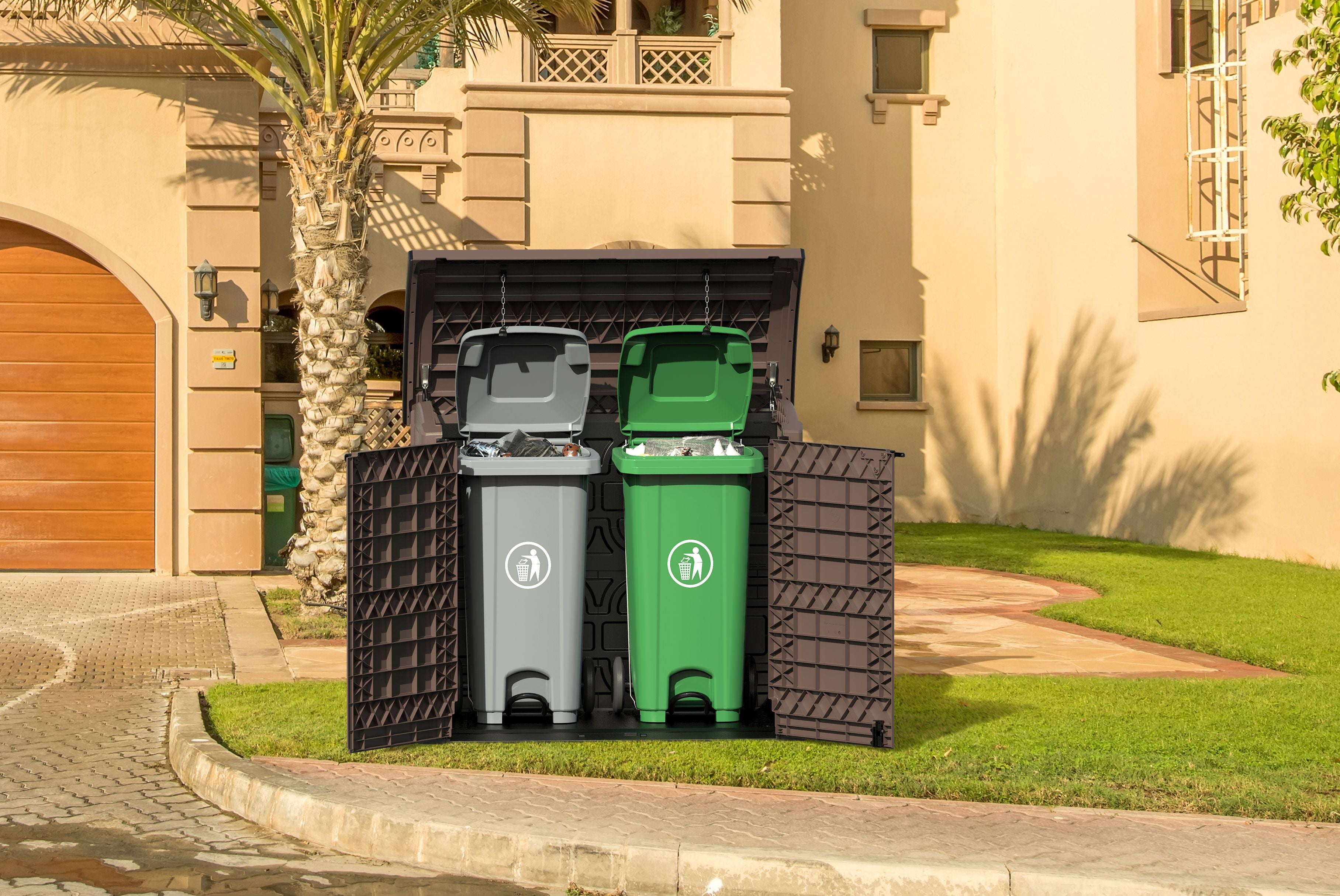 Gartenschuppen mit gewölbtem Deckel | 1200L | Abschließbarer, wetterfester Gartenschuppen aus Kunststoff | ideal zur sicheren Aufbewahrung von Mülltonnen, Gartenwerkzeug und Gartenzubehör | Braun