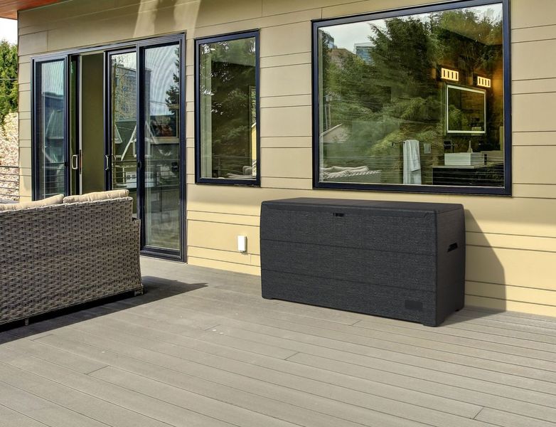 Auflagenbox 270 Liter – wasserdichte & abschließbare Aufbewahrungsbox Garten in Dunkelgrau – robuste Gartenbox für Auflagen & Geräte