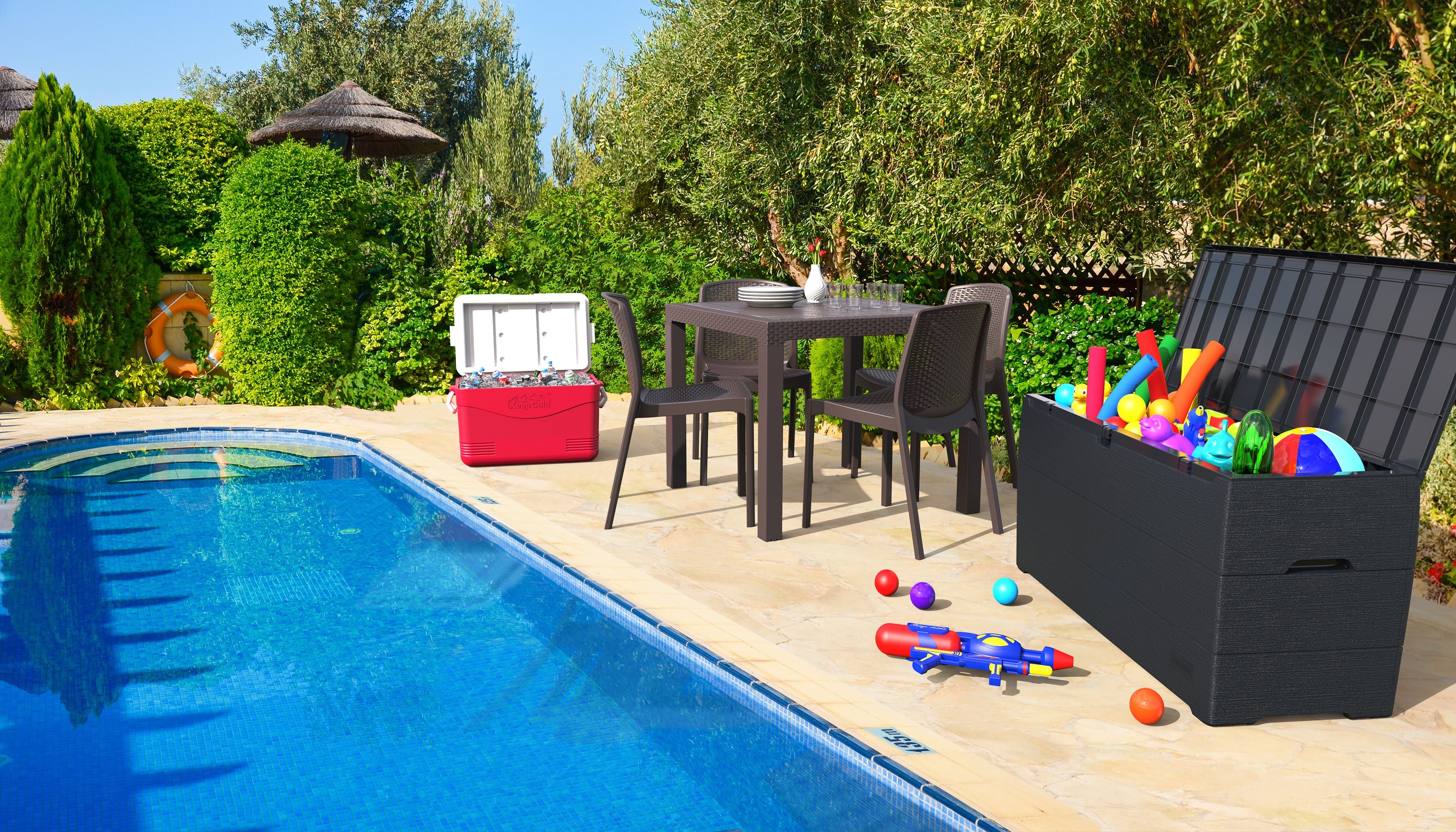 Auflagenbox 270 Liter – wasserdichte & abschließbare Aufbewahrungsbox Garten in Dunkelgrau – robuste Gartenbox für Auflagen & Geräte