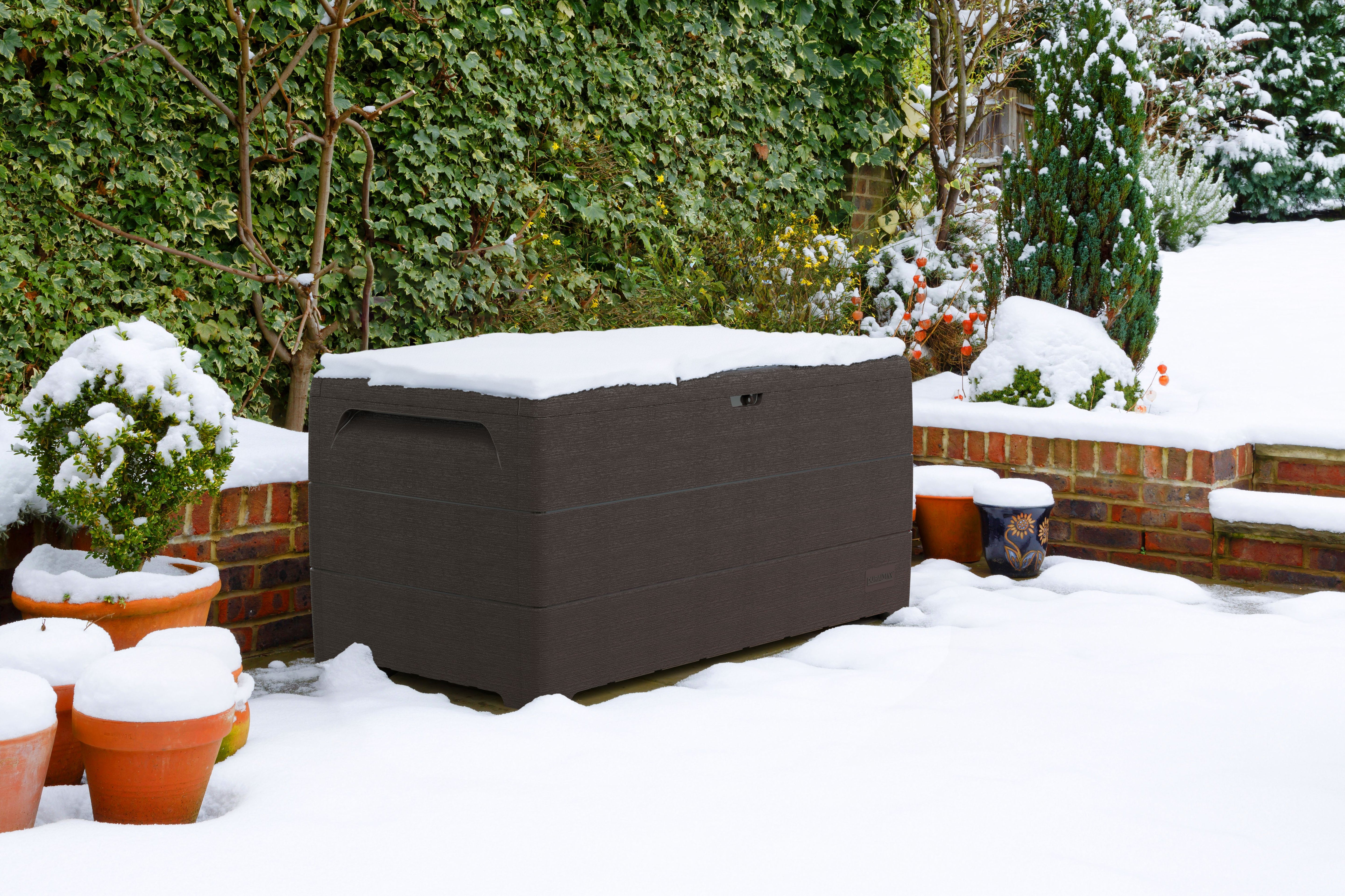 Auflagenbox Garten 416L – wasserdichte Kissenbox mit abschließbarem Deckel & Rollen – Gartenbox in Holzoptik für Kissen, Geräte & Zubehör | Dunkelbraun